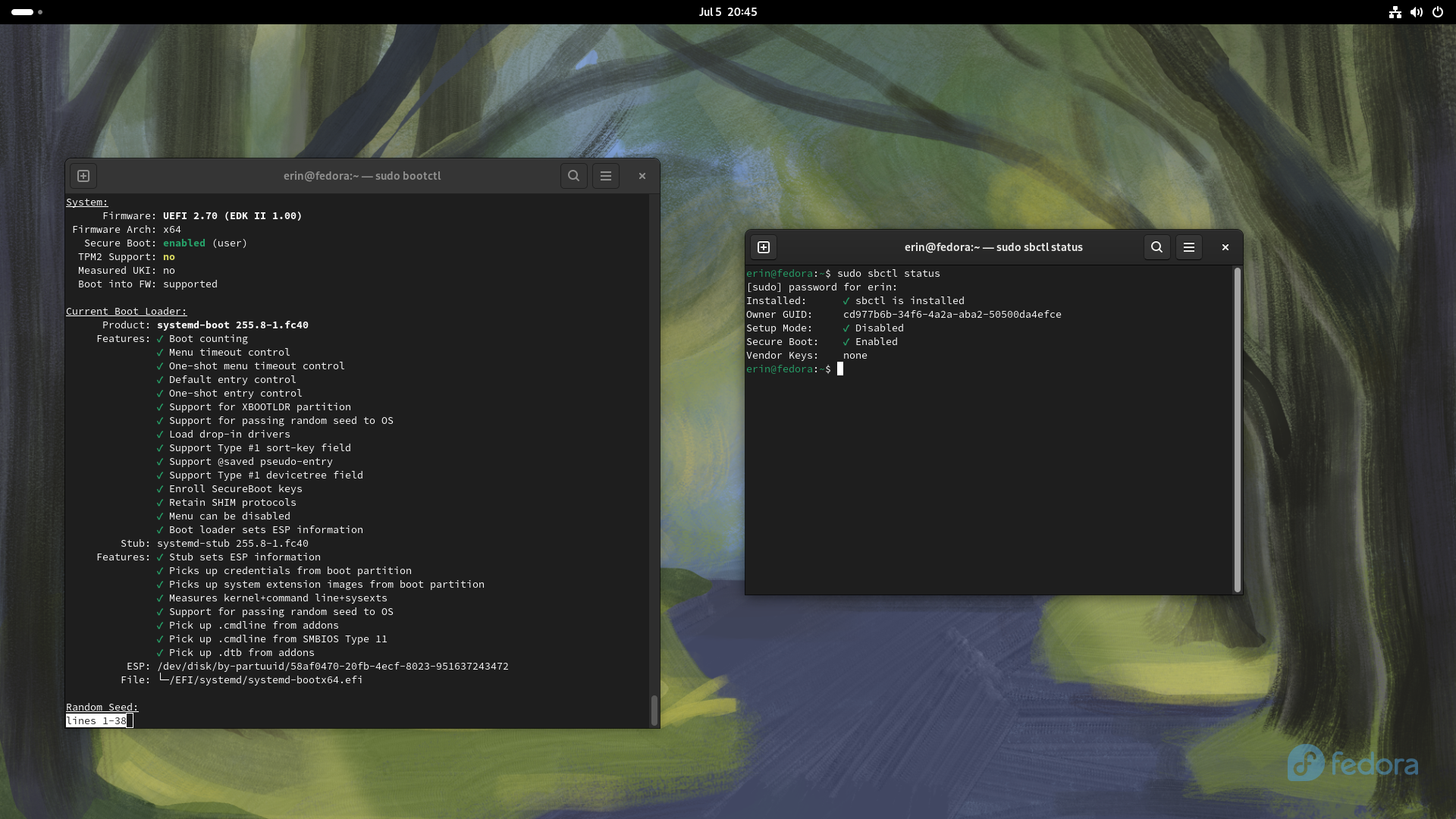 Fedora GNOME desktop, fresh install. Two console windows. Left has bootctl output, proves secure boot and systemd-boot. Right has sbctl status output. Proves secure boot is enabled, not in setup mode, no vendor keys